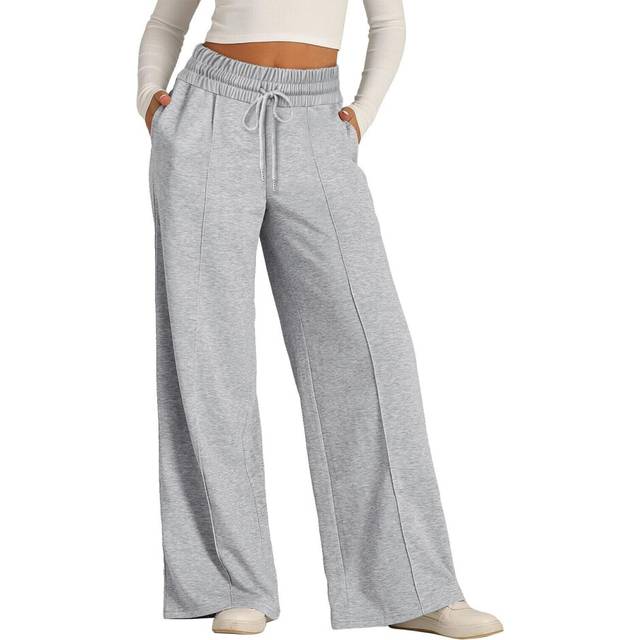 (Light Gray, S) Women's Solid Color High Waisted Wide Leg Sweatpants Casual Yoga Jogger Pants