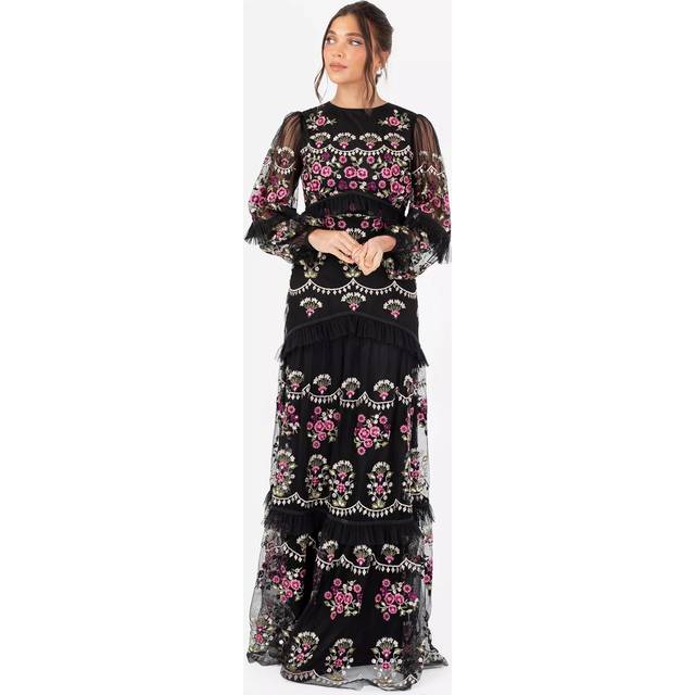 Maya Deluxe Embroidered Floral Ruffle Maxi Dress, Black
