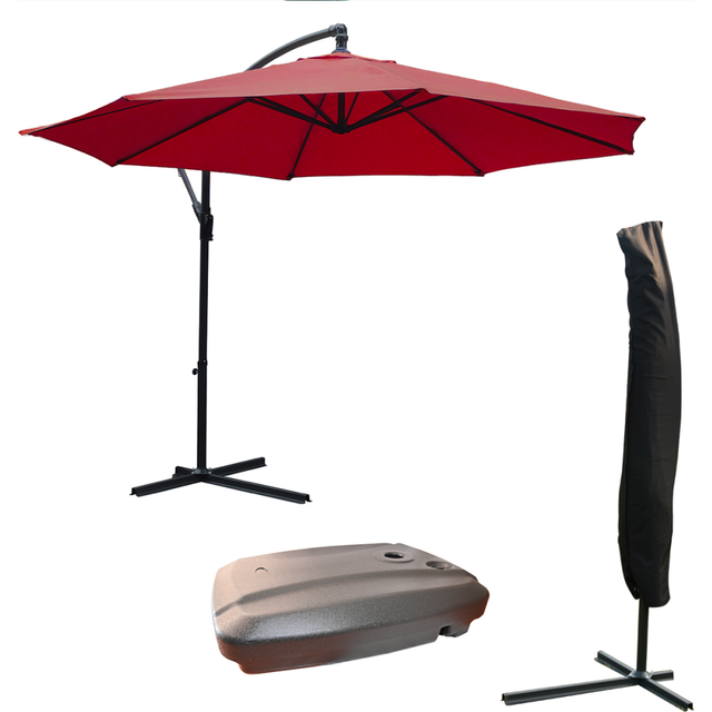 KCT 3.5m Large Burgundy Garden and Patio Cantilever Parasol with Protective Cover and Base