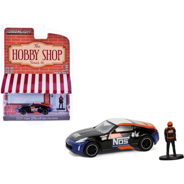 2020 Nissan 370z "NOS Nitrous Oxide Systems" Black with Graphics and Race Car Driver "The Hobby Shop" Series 16 1/64 Diecast Model Car by Greenlight