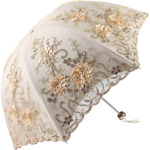 (As show, One size) Vintage Lace Uv Protection Sun Umbrella Folding 3d Flower Embroidery Umbrella Yellow