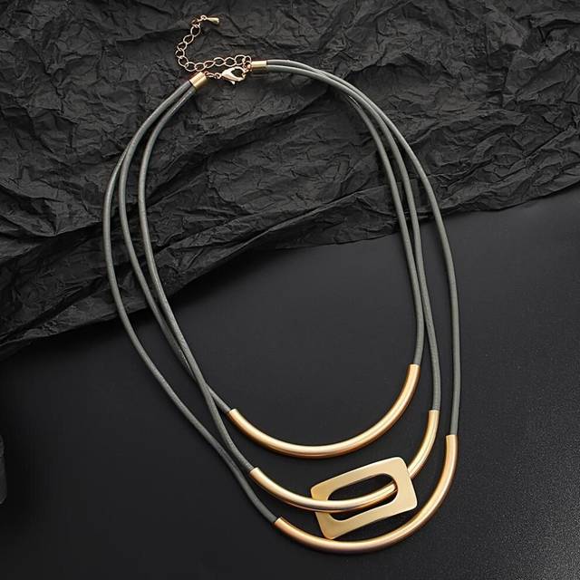 (gold) Boho-chic Handcrafted Multi-layer Faux Leather Necklace - Vintage Style Sweater Chain For Women, Perfect For Daily Wear & Parties