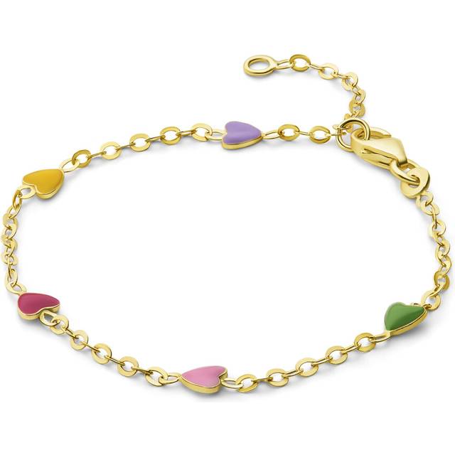MIORE Kids colourful children's bracelet with 5 enamel hearts in 9 karat 375 yellow gold, length 14 cm (12 cm + 2 cm extention) spring ring closure - Yellow