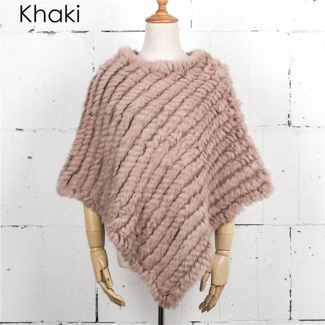 (khaki, One Size) Women Knit Rabbit Fur Shawl Poncho Cape Robe Tippet Wrap Female Girl Warm Coat Jakcet CK701