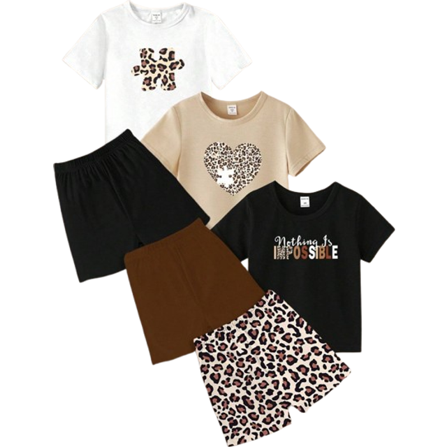 SHEIN Young Girl 3pcs/Set Fashionable Leopard Patchwork Heart & Letter Print Short Sleeve T-Shirt And Leggings Set