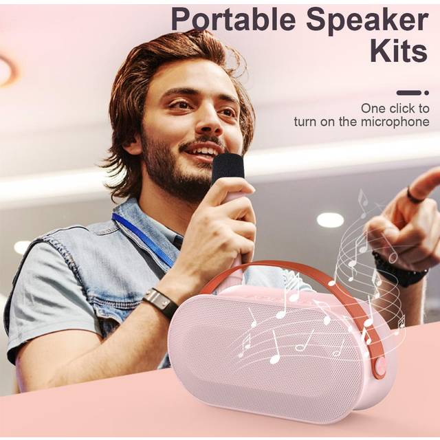 AIUNAOM karaoke-enhet för barn med 2 trådlösa mikrofoner, bärbar Bluetooth-högtalare, med LED-belysning och olika ljudeffekter, perfekt för familjefester och som en gåva till barn
