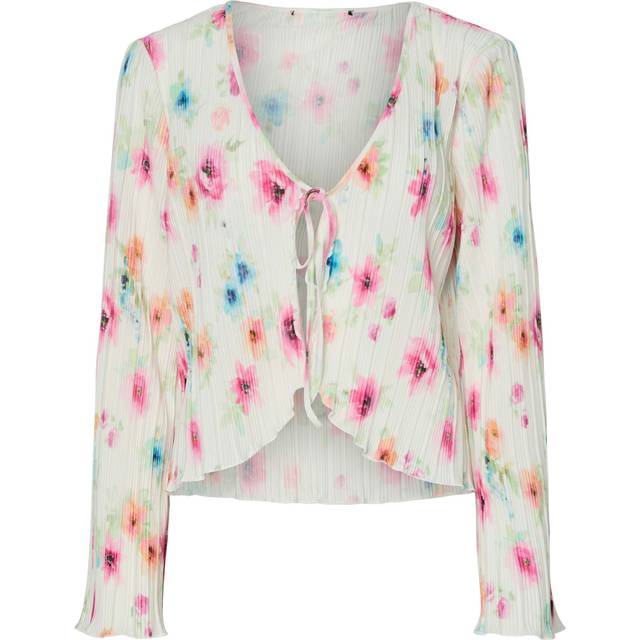 Pieces Pcamber LS TIE TOP WVN KCA Dam Långärmade Blusar Stl. S - Från Magasin - Bright White/blurry Flowers (S)