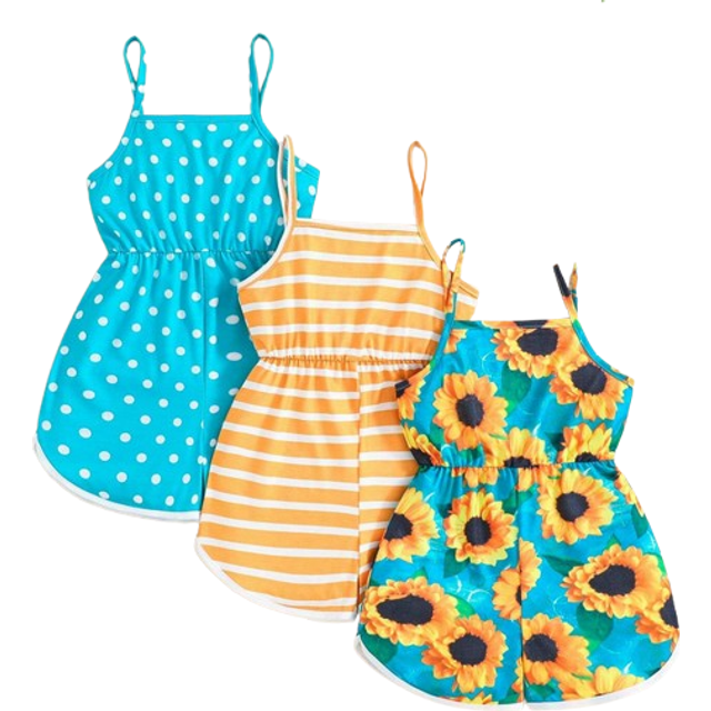 SHEIN 3pcs Young Girl Summer Cool Wearing Set - Sunflower/Stripe/Polka Dot Print Cami Romper