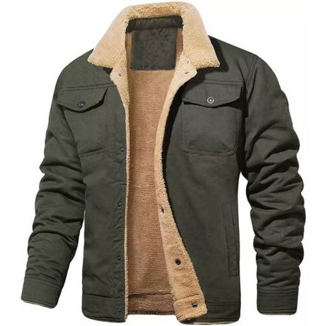 (Army Green, UK XL = Tag Size 4XL) UK Mens Winter Coat Fleece Cargo Jacket 4 Pockets Lapel Collar Trucker Warm Work