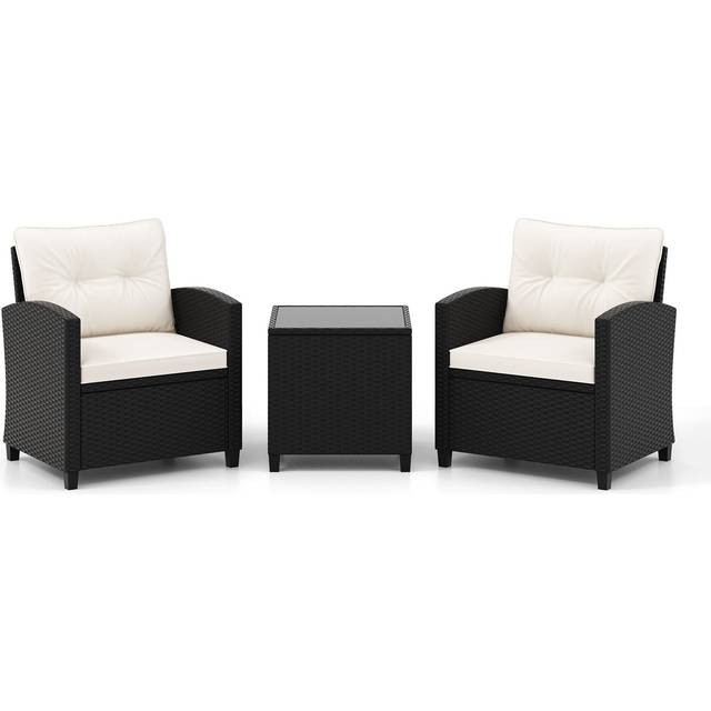 3 Piece Patio Furniture Set Rattan Conversation Set with Seat and Back Cushions-White