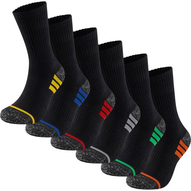 (Black - Three Stripes, UK 6-11/EU 39-45) Mens 6 Pack Work Socks Thermal Workwear Ribbed Leg Foot Gripper Cushioned Heel