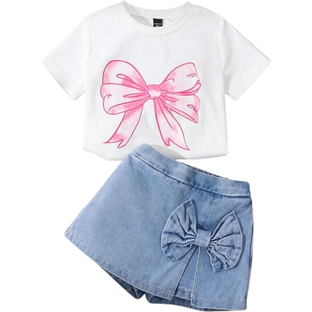 SHEIN 2pcs Young Girl Sweet Oversized Pink Bow Graphic T-Shirt & 2 In 1 Denim Skort Set