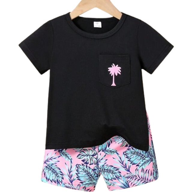 SHEIN 2pcs/Set Baby Boys&#39; Stylish Summer Coconut Tree Print Leisure Holiday Shorts, With Short Sleeve Knitted T-Shirt For Sports Mix-And-Match Outfits