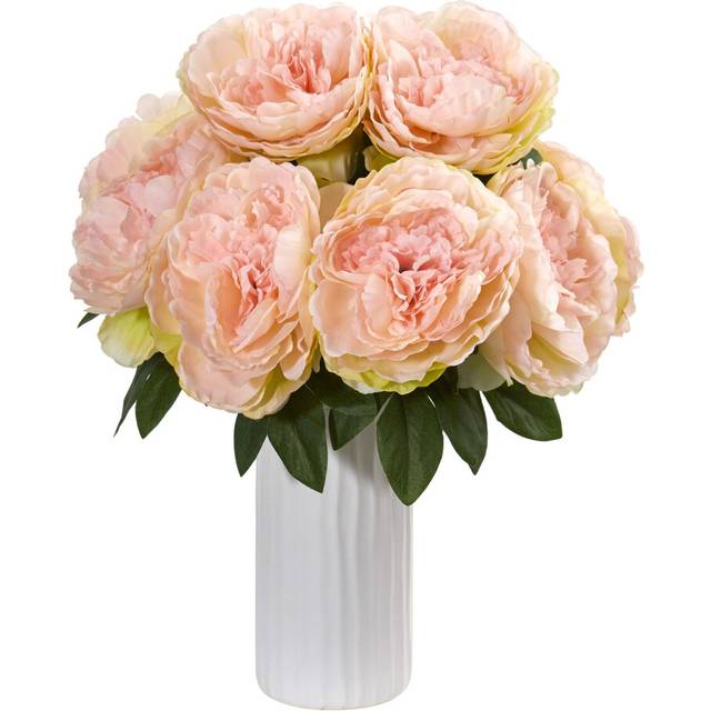 Nearly Natural Peony Artificial White Vase Silk Arrangements  Pink