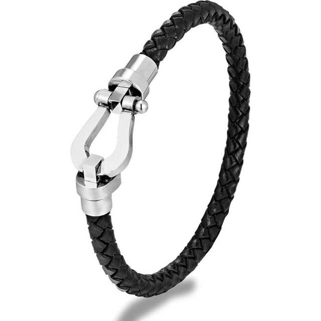 (as the picture, 23CM) Classic Brand Horseshoe Clasp Genuine Leather Cord Bracelet Men Women Stainless Steel Wristband Handmade Creative Lover Jewelry