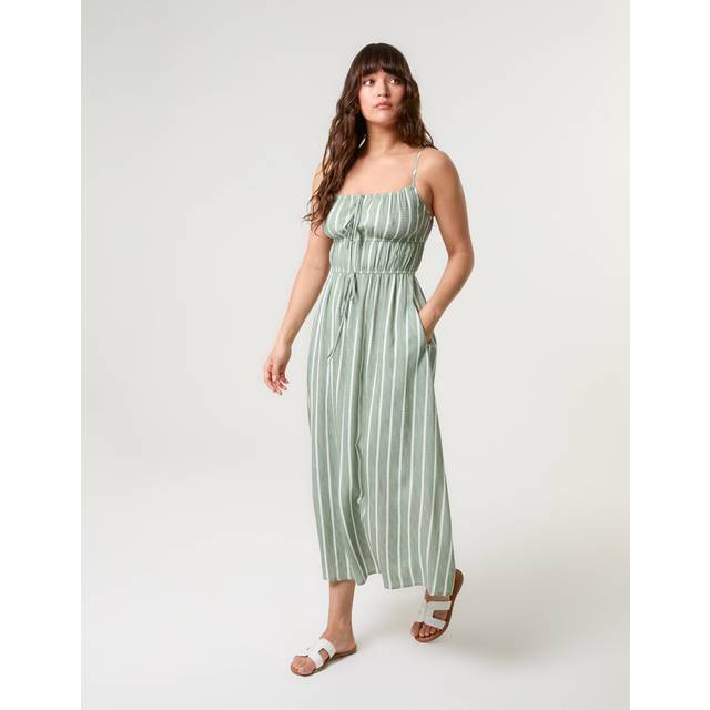 Blue Vanilla Women's Khaki Striped Tie Front Maxi Dress New Look - M