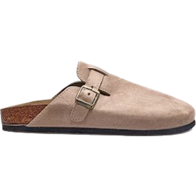 Beige Faux Suede Buckled Mule Cloggs, Camel - 6
