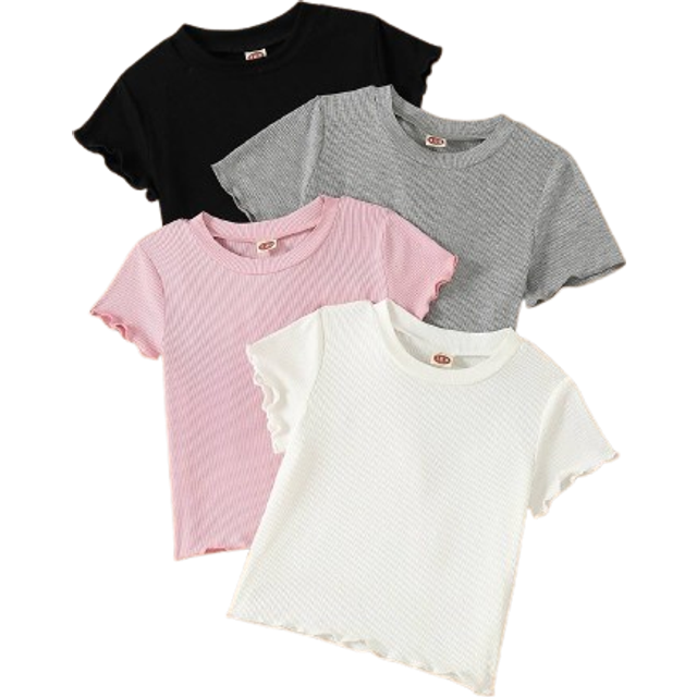 SHEIN Toddler Girls&#39; Multi-colour Short Sleeve T-shirt With Flounce Cuff And Hem For Comfortable And Cool Feeling, Summer