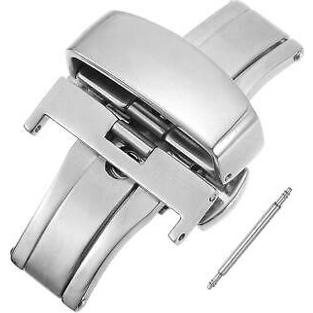 Folding watch clasp push button for 22mm leather watchband silver tone