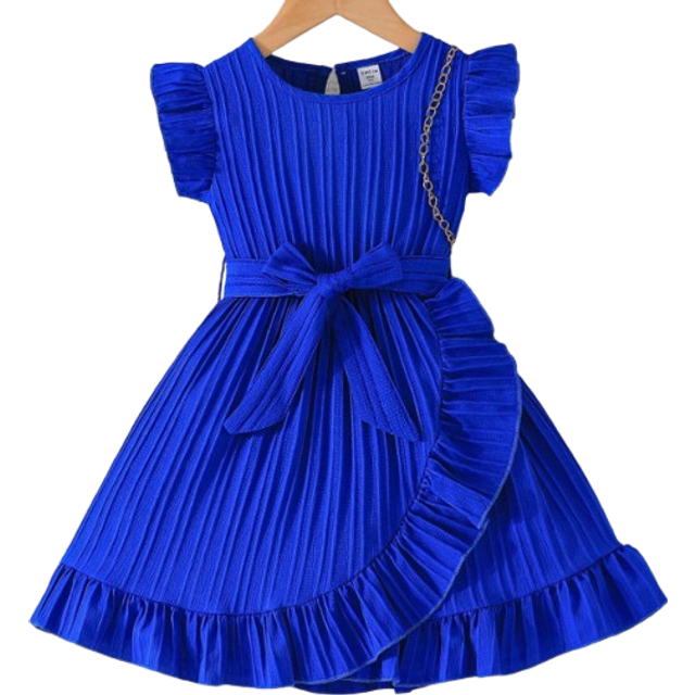 SHEIN Young Girl Comfortable Casual Ruffle Hem Dress With Accessories Belt, Summer Royal Blue Dress For Young Girl