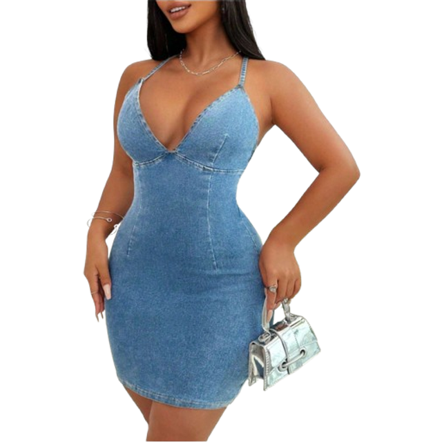 SHEIN Women&#39;s Solid Color Halter Neck Backless Sleeveless Denim Dress