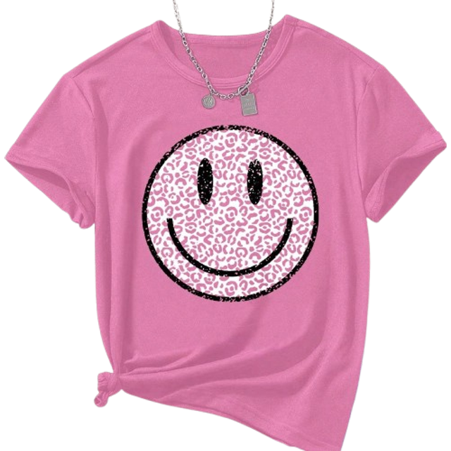 SHEIN Tween Girl&#39;s Summer Smiling Face Leopard Print Short Sleeve Casual T-Shirt