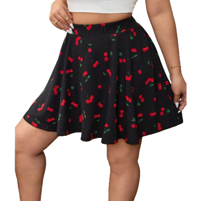 SHEIN Plus Size Cherry Print Wide Leg Shorts For Dailywear, Hawaiian Summer Small Cherry Print Skirt, Lovely Romantic Very Suitable For Summer Wear Built-In