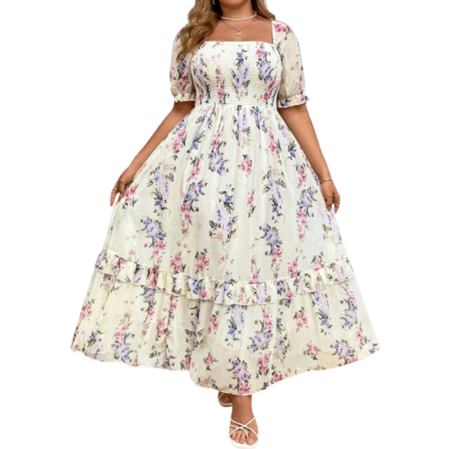 Franclia Plus Size Romantic Chiffon Printed Puff Sleeve Dress Maxi Women Outfit