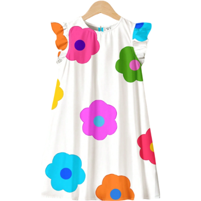 SHEIN Young Girl Floral, Casual Simple Flower Pattern Dress With Ruffle Trim, Suitable For Summer