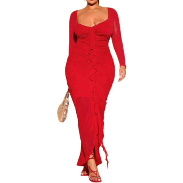 SHEIN Plus Size Women&#39;s Spring Summer Solid Color Sweetheart Neck Long Sleeve Ruffle Splice Bodycon Elegant Dress Red Mesh Gathered Ruffled Long Dress A Dre