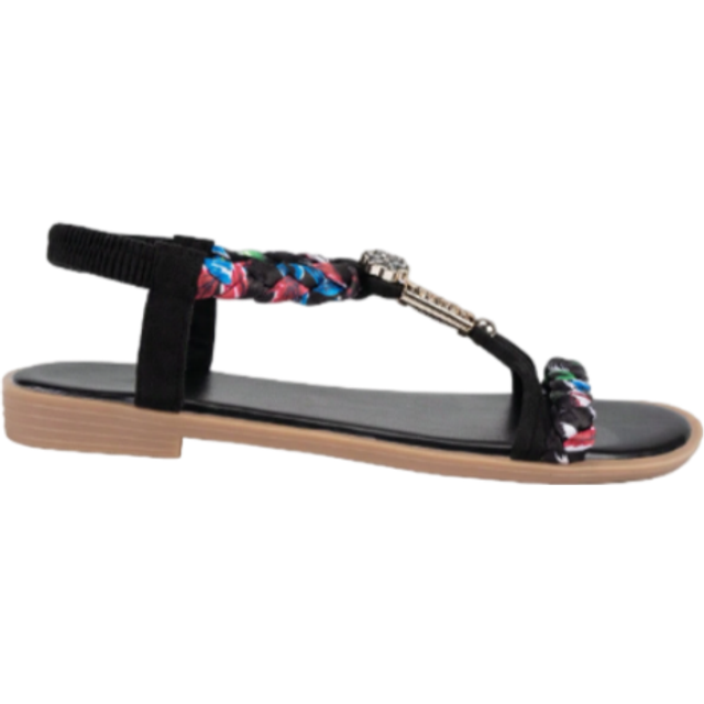 Casual vävda platta sandaler för kvinnor med mönster, lätta och halkfria, sommarstrandskor, slumpmässigt vävt mönster - Svart (CN35,CN36,CN37,CN38,CN39,CN40,CN41,CN42,CN43,CN44)