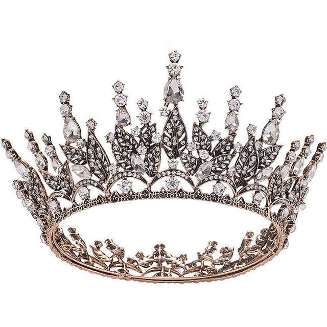 7cm Tall Crystal Antique Gold Round Crown Tiara Wedding Bridal Queen Princess