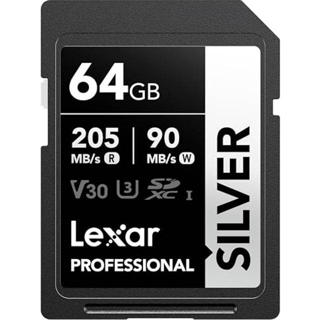 64GB SD Card SILVER, Up to 205MB/s Read, 90MB/s Write, SDXC UHS-I Memory Card, Class 10, U3, V30, SD Card for Professional Photographers,