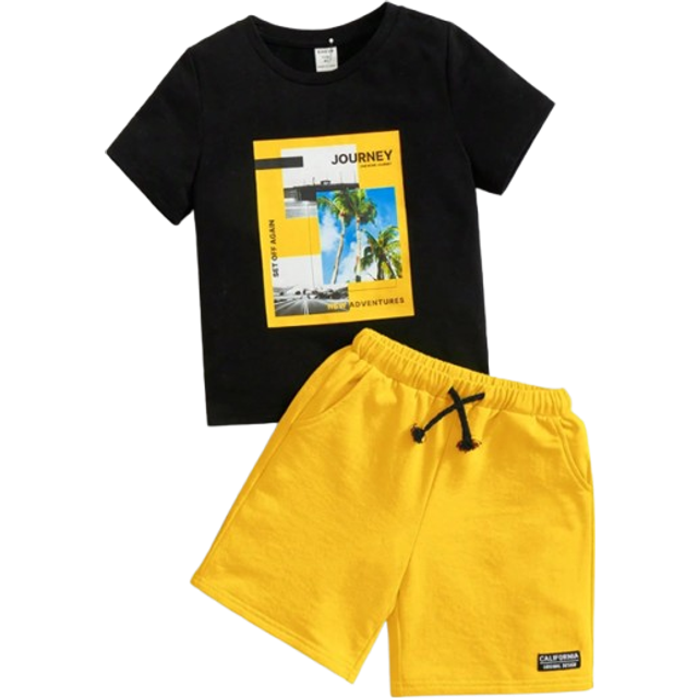 SHEIN Young Boy Letter & Palm Tree Print Tee & Drawstring Waist Shorts