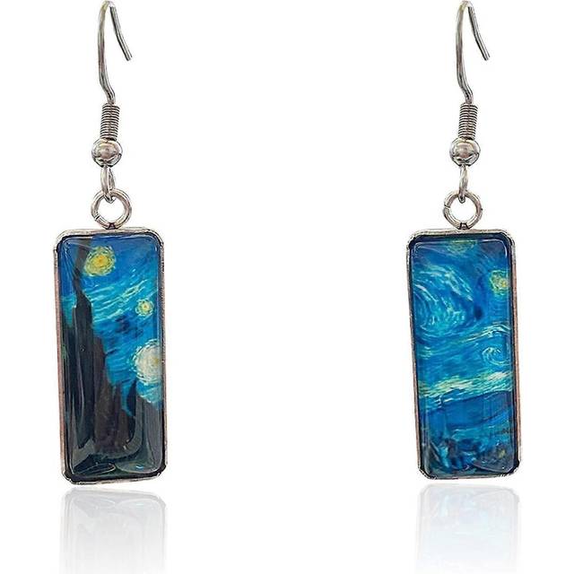 (As show, One size) Rectangle Van Gogh Painting Starry Sky Sunflower Drop Dangle Earrings Abstract Art Trendy Glass Earrings for Women Girls Charm Jew