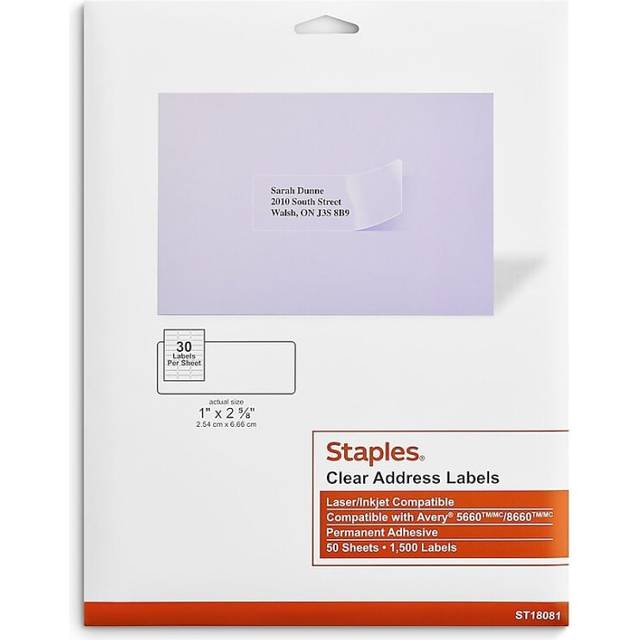 Staples 573950 Laser/Inkjet Address Labels 1-Inch x 2 5/8-Inch Clear 30 Labels/Sheet