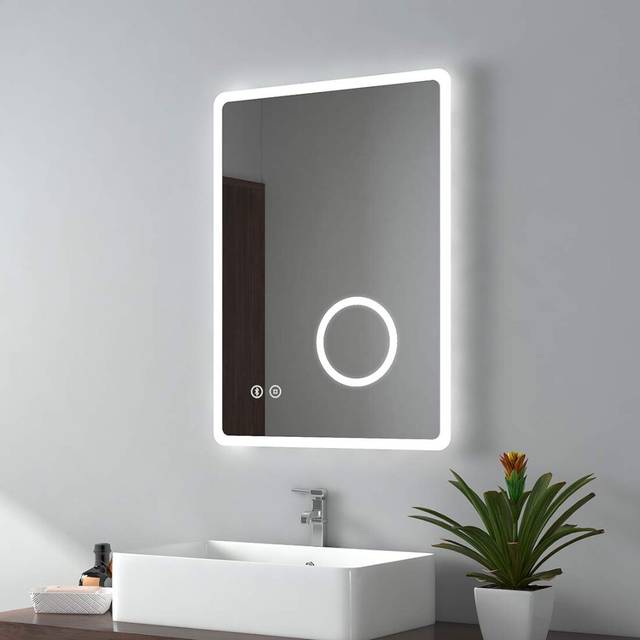 EMKE Backlit Illuminated Bluetooth Bathroom Mirror with Shaver Socket 500x700mm, Wall Mounted Multifunction LED Bathroom Vanity Mirror with Lights +