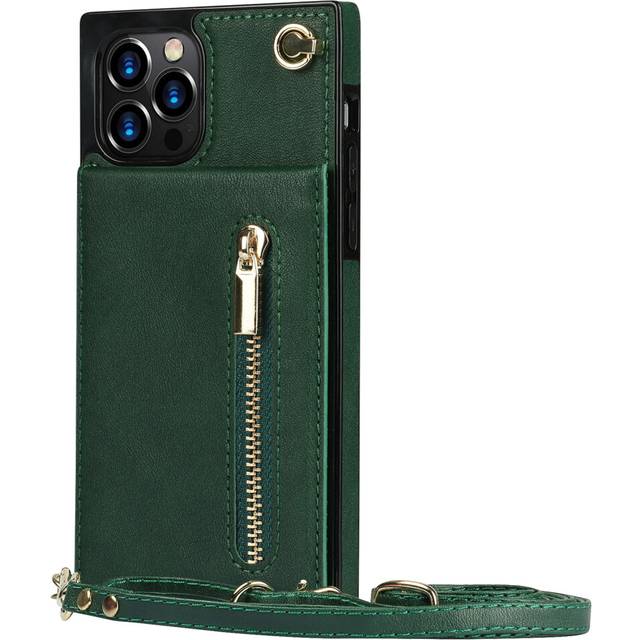 (Green, For iPhone 14Pro Max) Zipper Wallet for IPhone 14 13 12 Mini 11 X XR XS Pro Max 7 8 Plus Case with Card Holder Lanyard Strap Crossbody Leather