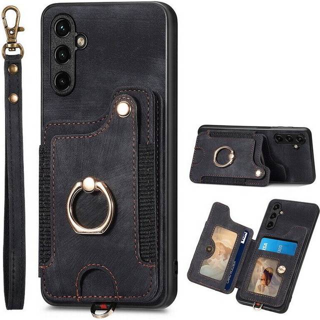 (Black, For Samsung A54 5G) Magnetic Card Slot Wallet Ring Holder Leather Case ForS23 S22S21 S20 FE Plus A52 A53 A54 A34 A14 5G Strap Cover