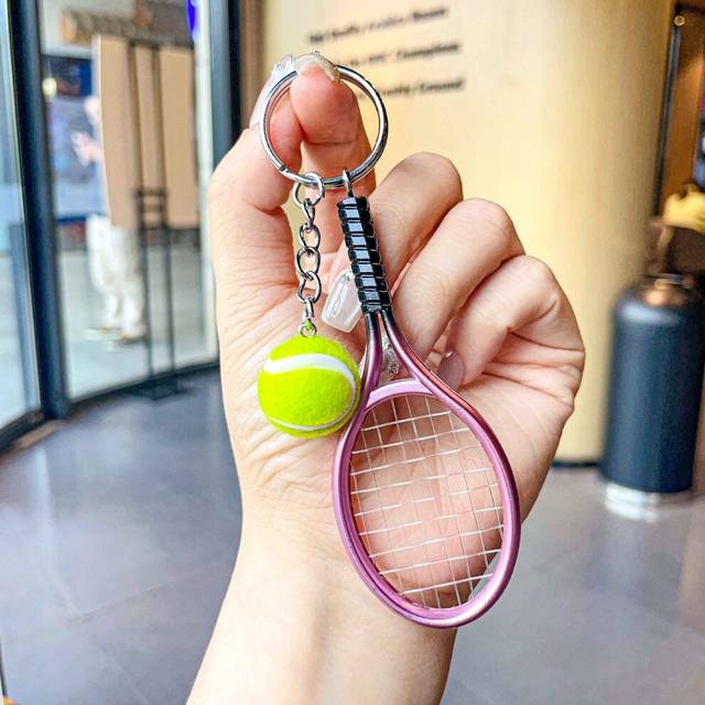 (PinkGreen) Tennis Metal Elegant Racket Keychain With Green Ball For All Occasions