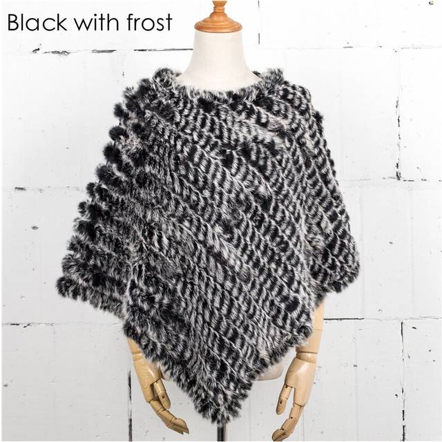 (Black with frost, One Size) Women Knit Rabbit Fur Shawl Poncho Cape Robe Tippet Wrap Female Girl Warm Coat Jakcet CK701