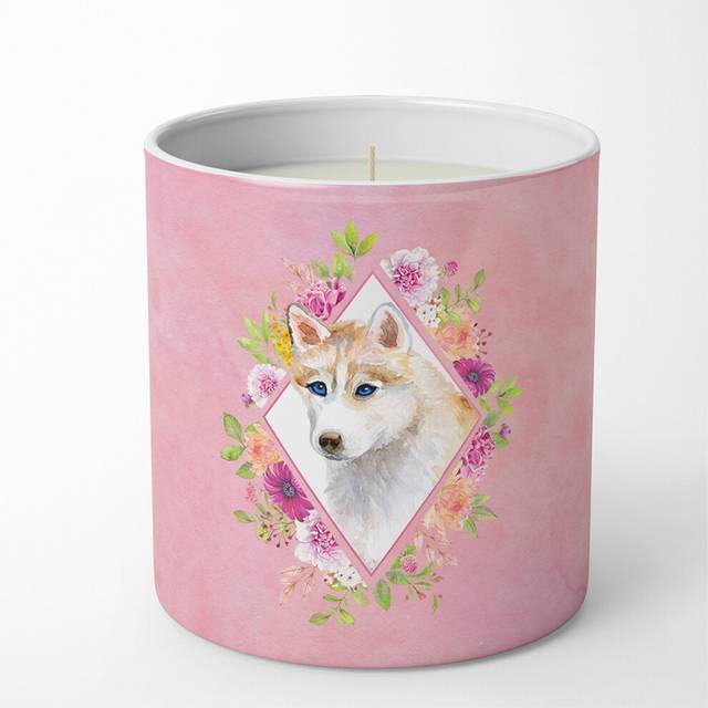 Red Siberian Husky Pink Flowers 10 oz Decorative Soy Candle CK4148CDL