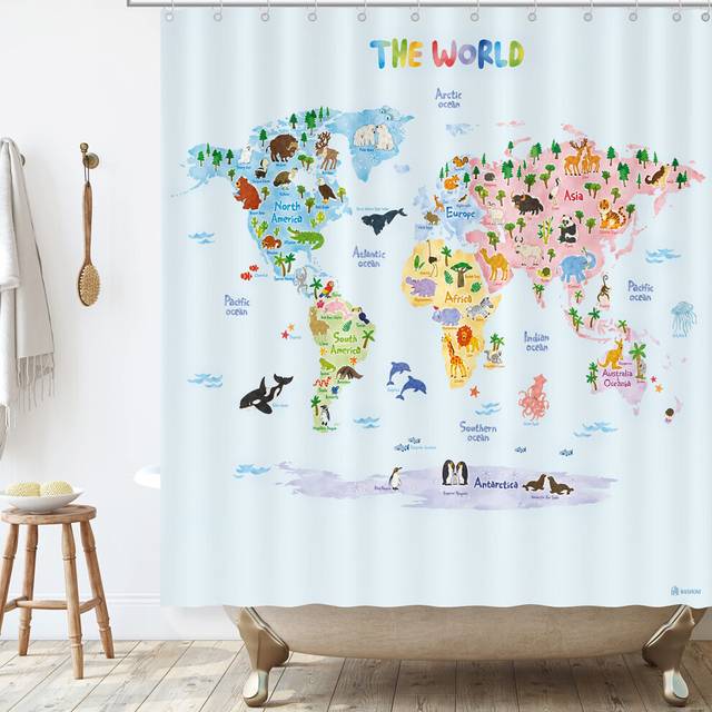 BASHOM BSC-615 Animal World Map Shower Curtain Set for Kids Waterproof Washable Decorative Bathroom 71''x71'' 180x180cm Polyester Fabric with 12 Hooks