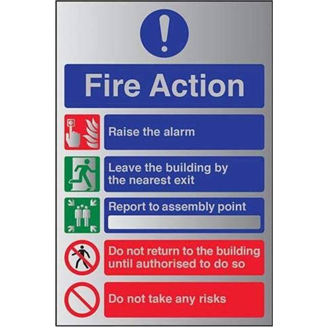 V Safety Fire Action Safety Sign 5 Message Risks - Brushed Alum. Comp 150X200mm - One Size