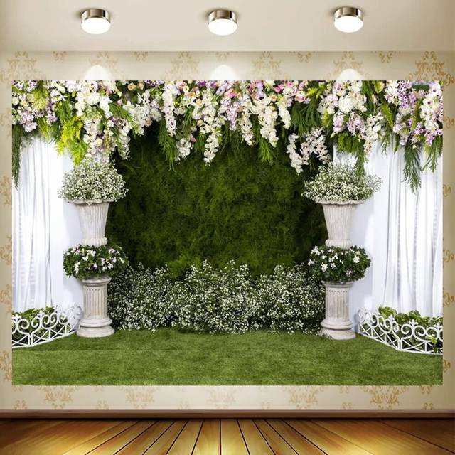 (As show, One size) Vinyl 10x8ft Arch Wedding Floral Backdrop Photography Backdrop Stone Flower Pot White Curtain Green Ivy Wall Decor Outdoor Ceremon