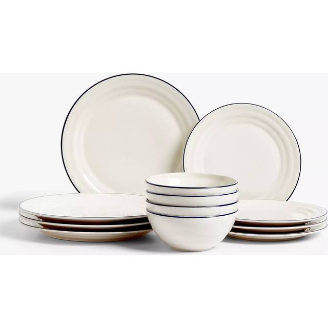 John Lewis Harbour Blue Rim Stoneware Dinnerware Set, 12 Piece, White/Blue