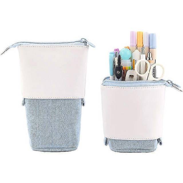 (blue, One size) Pen Pencil Telescopic Holder Stationery Case, Pu Corduroy Stand-up Retractable Transformer Bag Colorful Organizer