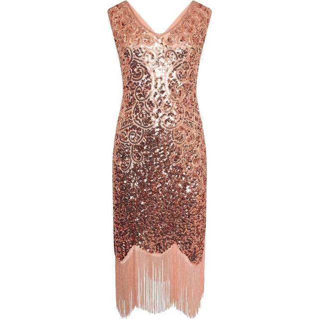 (L, Chapmagne) Hot Sale-women&#39;s Vintage Dress Sexy Sleeveless Dress 1920s Sequin Beaded Tassels Party Night Flapper Gown Dress Cocktail Dress