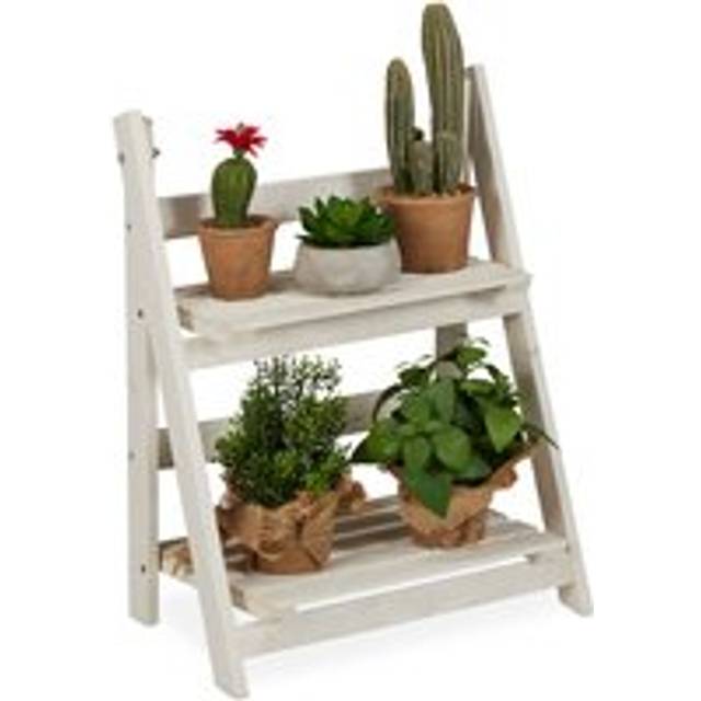 Flower Ladder Rack, For Indoors & Balcony, Shabby-Chic, Standing, Folding, Plant Stand, 2 Tiers, White - Relaxdays