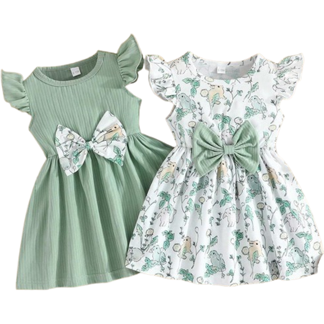 SHEIN Baby Girl Sweet Green Bowknot Dress & Cute Flower Printed Dress, Fashionable 2pcs Set For Summer